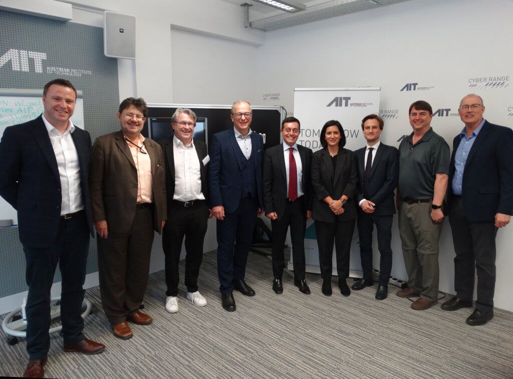 The training organization team (f.l.t.r.): Alex Townsend-Drake, Head of Programme, Counter Terrorism Preparedness Network (CTPN), Philipp Agathonos, Head of Unit, Ministry for European and External Affairs (BMeiA), Martin Stierle, Head of Competence Unit Security and Communication Technologies (AIT), Helmut Leopold, Head of Center for Digital Safety & Security (AIT), Mauro Medico, Director, UN Counter Terrorism Centre (UNOCT), Balques Al Radwan, Programme Management Officer, Cybersecurity and New Technologies Programme (UNOCT/UNCCT), Alexandre Goulfier, Associate Expert, Cybersecurity & New Technologies (UNOCT), Eric Eifert, Cyber Security Research Engineer, Center for Digital Safety & Security (AIT), Donald Dudenhoeffer, Cyber Security Research Engineer, Center for Digital Safety & Security (AIT)